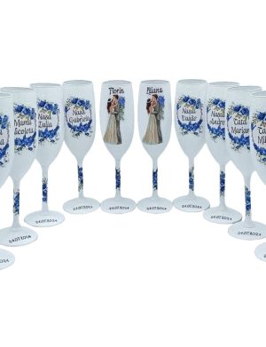 Set 10 pahare personalizate pentru miri si nasi, flori albastre FEIS408003 (1)