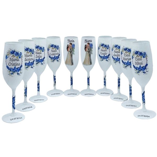 Set 10 pahare personalizate pentru miri si nasi, flori albastre FEIS408003 (1)