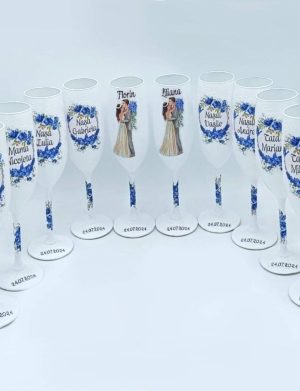 Set 10 pahare personalizate pentru miri si nasi, flori albastre – FEIS408003