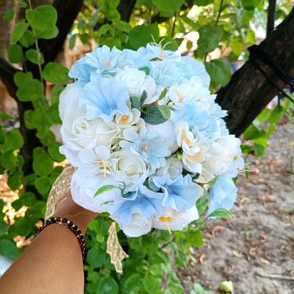 Buchet mireasanasa cu flori de matase, alb bleu FEIS409011 (17)