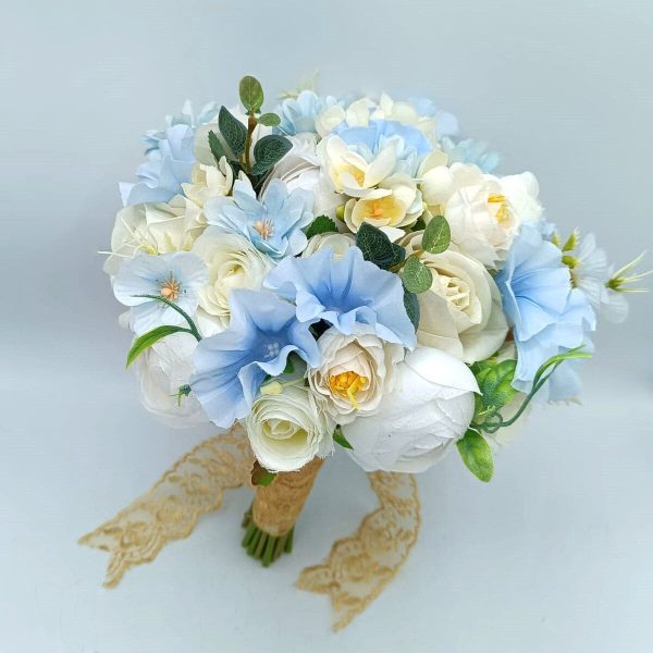 Buchet mireasanasa cu flori de matase, alb bleu FEIS409011 (23)