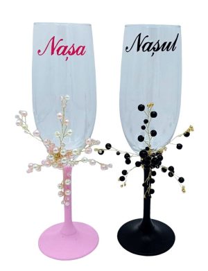 Set 2 pahare nunta pentru nasi, model deosebit cu margelute, roz-negru – FEIS409017