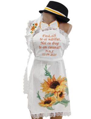 Set dezgatit mireasa 4 piese, floarea-soarelui model 2, Personalizat, palarie neagra si bentita – ODIS163