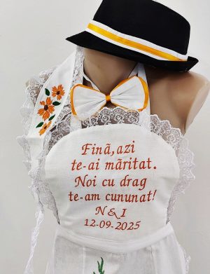 Set dezgatit mireasa 4 piese, floarea-soarelui model 2, Personalizat, palarie neagra si bentita – ODIS163