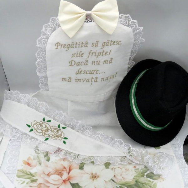 Set dezgatit mireasa 4 piese, model floral cu broderie crem, palarie neagra si bentita ODIS409001 (8)