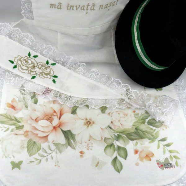 Set dezgatit mireasa 4 piese, model floral cu broderie crem, palarie neagra si bentita ODIS409001 (9)