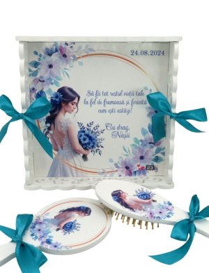 Set gatit mireasa, Albastru Azur, tavita dantelata personalizata, 3 piese – ILIF409008