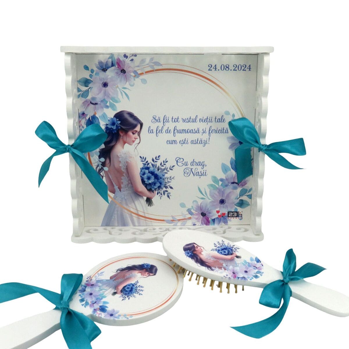 Set gatit mireasa, Albastru Azur, tavita dantelata personalizata, 3 piese ILIF409008 (3)