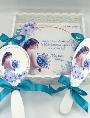 Set gatit mireasa, Albastru Azur, tavita dantelata personalizata, 3 piese – ILIF409008