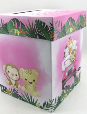 Cutie dar (bani) botez, nepersonalizata, design Jungle-Safari verde cu roz, dim. 21x21x26 cm – MIBC411001