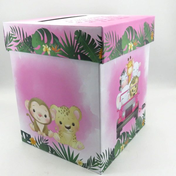 Cutie dar (bani) botez, nepersonalizata, design Jungle Safari verde cu roz, dim. 21x21x26 cm MIBC411001 (1)