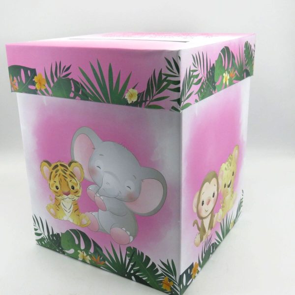 Cutie dar (bani) botez, nepersonalizata, design Jungle Safari verde cu roz, dim. 21x21x26 cm MIBC411001 (6)