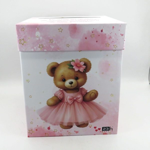 Cutie dar (bani) botez, nepersonalizata, design Ursulet, roz, dim. 21x21x26 cm MIBC411003 (1)