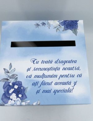 Cutie dar (bani) nunta, nepersonalizata, design floral albastru, dim. 21x21x26 cm – MIBC412002