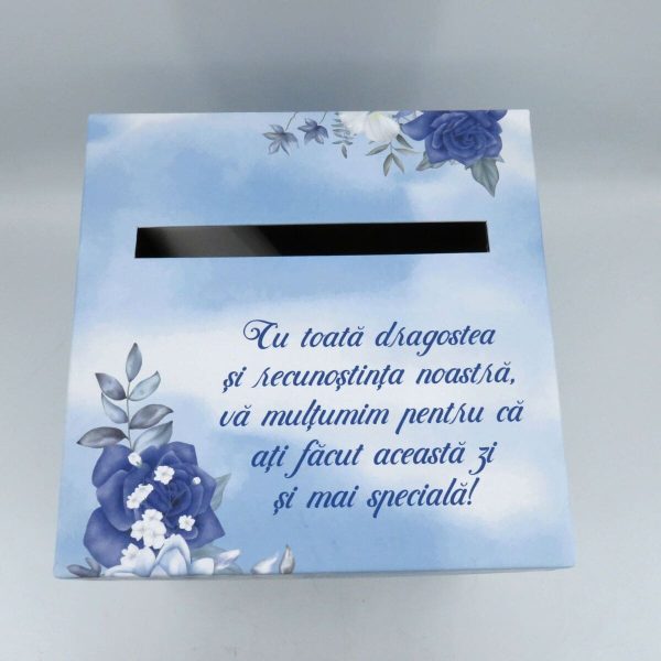 Cutie dar (bani) nunta, nepersonalizata, design floral albastru, dim. 21x21x26 cm - MIBC412002