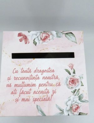 Cutie dar (bani) nunta, nepersonalizata, design floral verde-roz, dim. 21x21x26 cm – MIBC412001