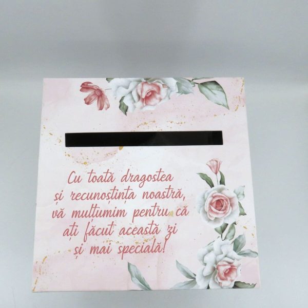 Cutie dar (bani) nunta, nepersonalizata, design floral verde-roz, dim. 21x21x26 cm - MIBC412001