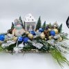 Decor handmade de Craciun cu braduti, case si globuri in nuante de auriu si albastru FEIS411011 (3)