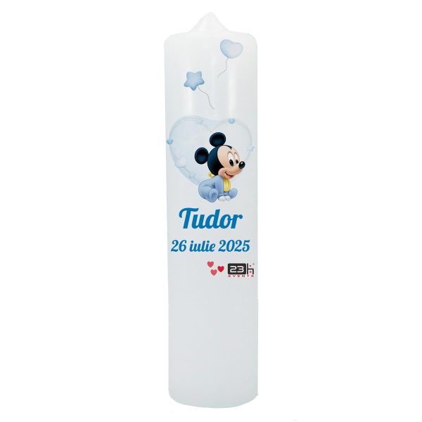 Lumanare botez baietel, model Personalizat, Baby Mickey inima bleu ILIF411029