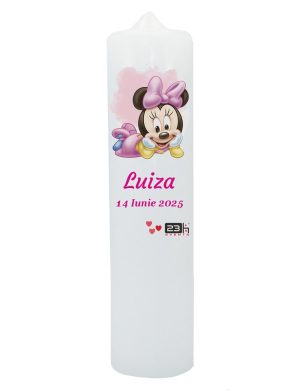 Lumanare botez fetita pentru a fi decorata cu flori naturale, model Personalizat, Minnie roz m2 – ILIF411066