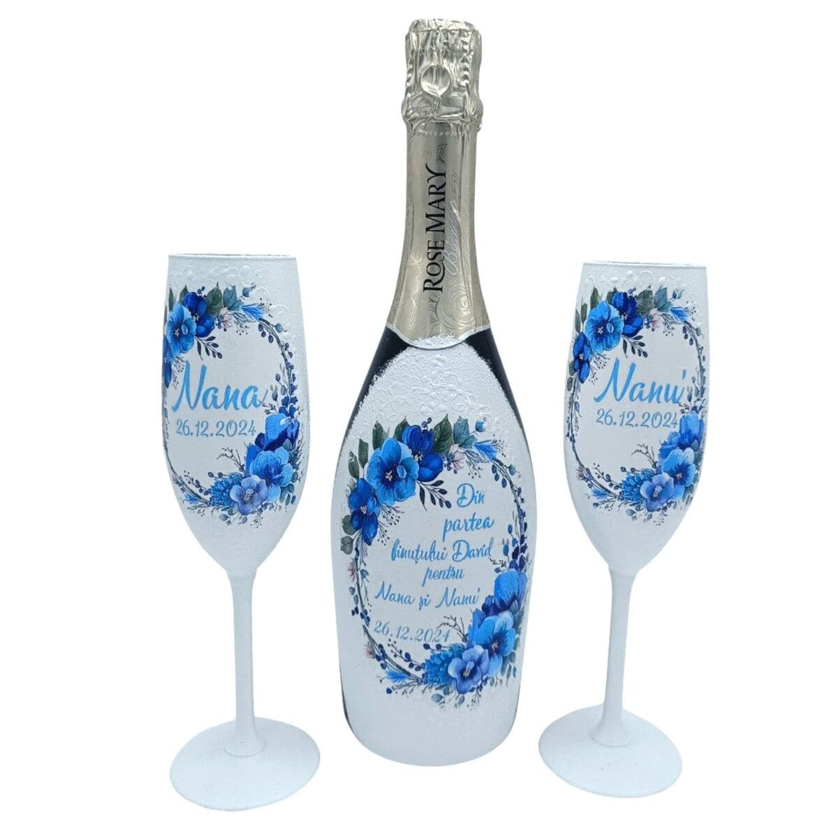 Set cadou pentru Nasii de Botez, sticla vin spumant si pahare decorate manual, albastru - FEIS412003