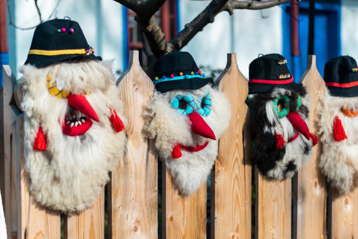 Handmade national masks in Village Museum in Bucharest, Romania