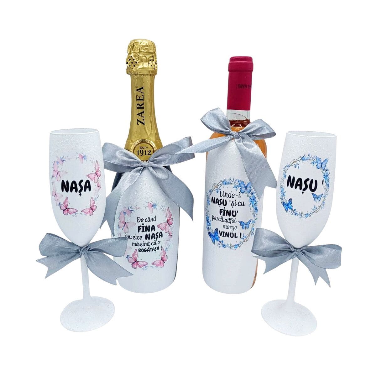 Set Cadou Nasi cu sticla vin spumant, sticla vin rose si 2 pahare decorate manual FEIS501006 (1)