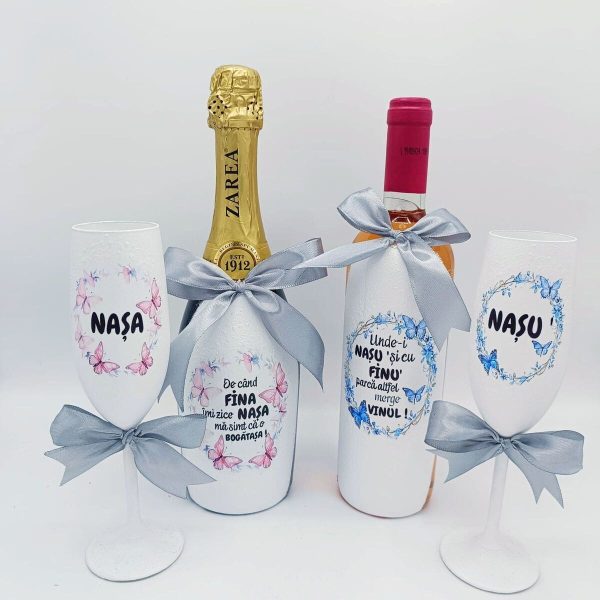 Set Cadou Nasi cu sticla vin spumant, sticla vin rose si 2 pahare decorate manual FEIS501006 (3)