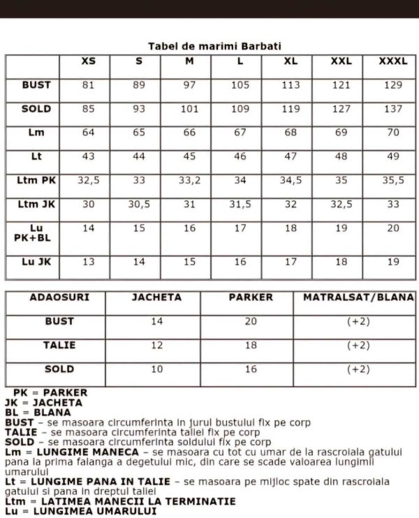 Tabel marimi palton barbatesc pardeiu 23h Events