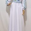 Rochie damă, lungă din stofă subțire Barbie, brodată cu motive tradiționale, bleu-verde - LLDJ502002