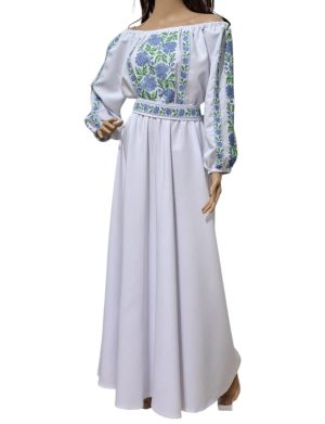 Rochie damă, lungă din stofă subțire Barbie, brodată cu motive tradiționale, bleu-verde – LLDJ502002