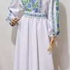 Rochie damă, lungă din stofă subțire Barbie, brodată cu motive tradiționale, bleu-verde - LLDJ502002