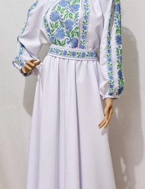 Rochie damă, lungă din stofă subțire Barbie, brodată cu motive tradiționale, bleu-verde – LLDJ502002