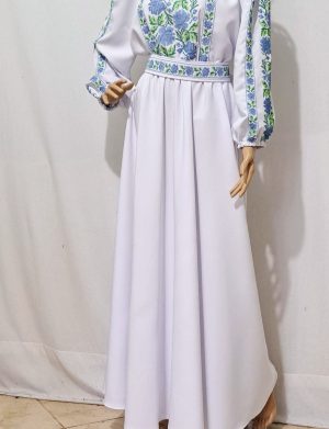 Rochie damă, lungă din stofă subțire Barbie, brodată cu motive tradiționale, bleu-verde – LLDJ502002