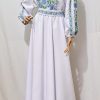 Rochie damă, lungă din stofă subțire Barbie, brodată cu motive tradiționale, bleu-verde - LLDJ502002