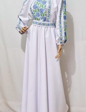 Rochie damă, lungă din stofă subțire Barbie, brodată cu motive tradiționale, bleu-verde – LLDJ502002