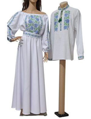 Rochie damă și ie bărbătească brodate tradițional, set damă – bărbat, bleu-verde – LLDJ502004