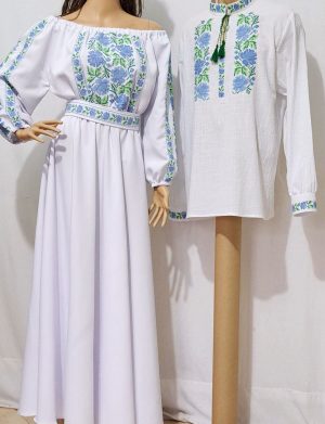 Rochie damă și ie bărbătească brodate tradițional, set damă – bărbat, bleu-verde – LLDJ502004