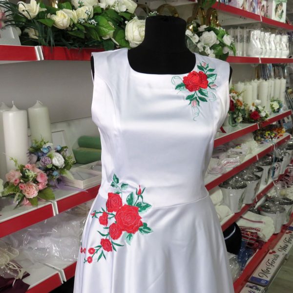 Rochie de mireasă sau cununie civilă, midi din tafta albă LLDJ501042 (1)