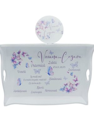 Set Tăviță Moț (turtă), Purple Butterflies, model personalizat cu 2 piese – FEIS502005