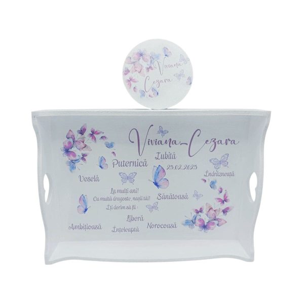 Set Tăviță Moț (turtă), Purple Butterflies, model personalizat cu 2 piese - FEIS502005