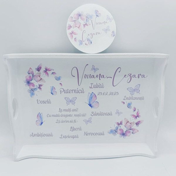 Set Tăviță Moț (turtă), Purple Butterflies, model personalizat cu 2 piese - FEIS502005