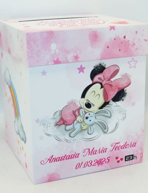 Cutie dar (bani) botez Personalizata, design roz cu Minnie Mouse, dim. 21x21x26 cm – MIBC502002