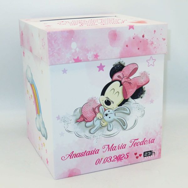 Cutie dar (bani) botez Personalizata, design roz cu Minnie Mouse, dim. 21x21x26 cm MIBC502002 (1)