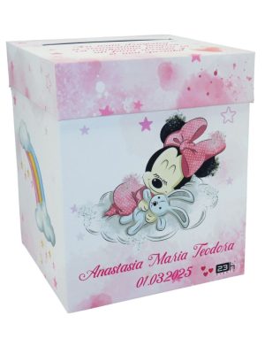 Cutie dar (bani) botez Personalizata, design roz cu Minnie Mouse, dim. 21x21x26 cm – MIBC502002