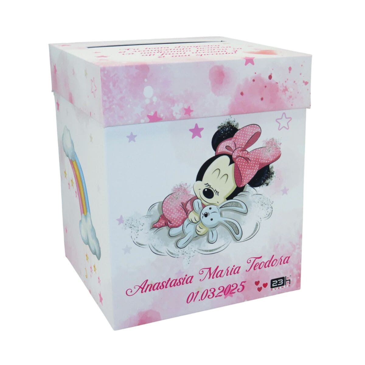 Cutie dar (bani) botez Personalizata, design roz cu Minnie Mouse, dim. 21x21x26 cm MIBC502002 (2)