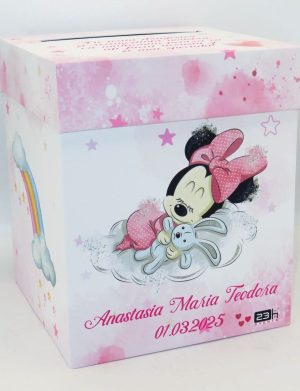 Cutie dar (bani) botez Personalizata, design roz cu Minnie Mouse, dim. 21x21x26 cm – MIBC502002