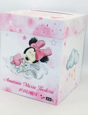 Cutie dar (bani) botez Personalizata, design roz cu Minnie Mouse, dim. 21x21x26 cm – MIBC502002