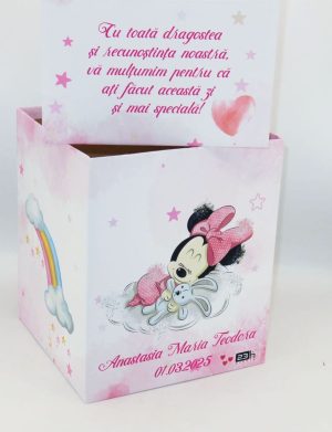 Cutie dar (bani) botez Personalizata, design roz cu Minnie Mouse, dim. 21x21x26 cm – MIBC502002