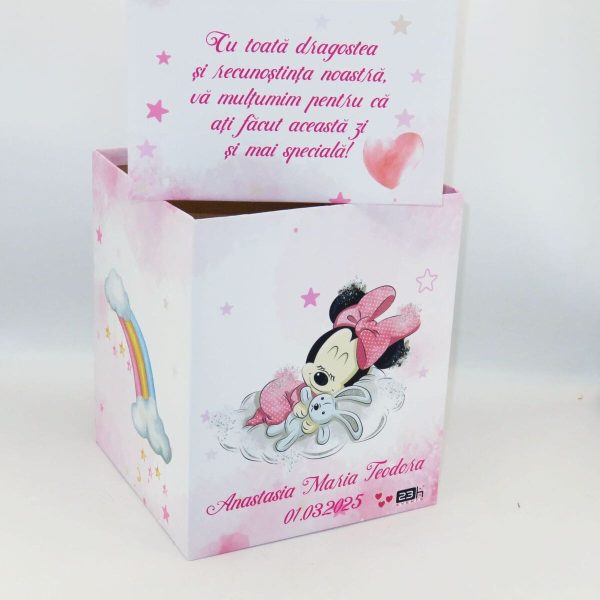 Cutie dar (bani) botez Personalizata, design roz cu Minnie Mouse, dim. 21x21x26 cm MIBC502002 (9)